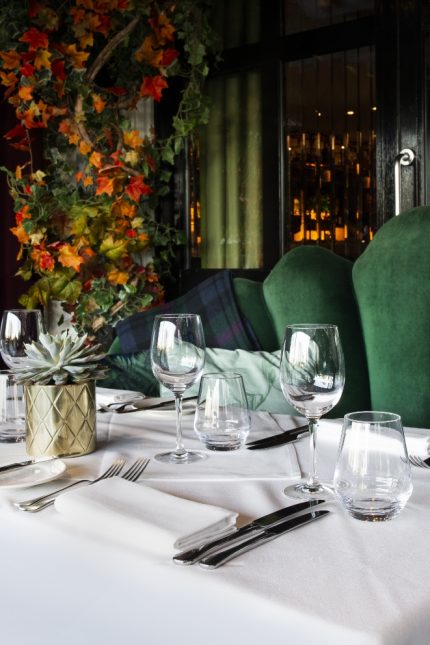 Sophisticated main dining room table setting at Chapter One Restaurant, Locksbottom Kent.