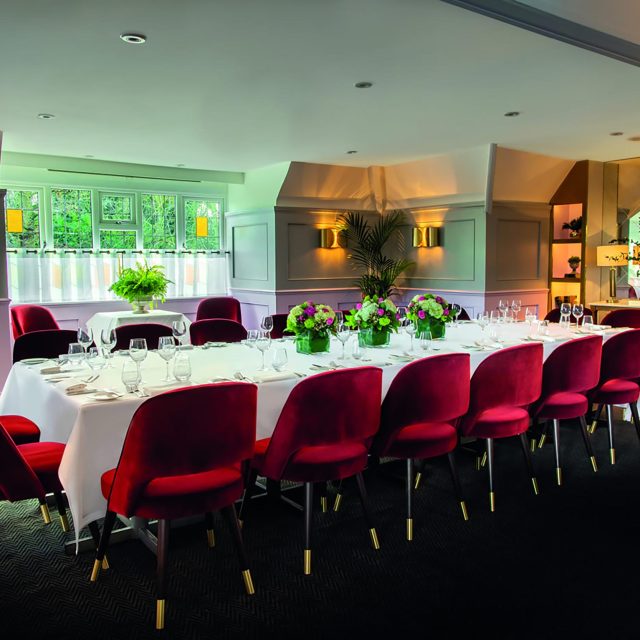 Conference style table setup for corporate lunches in the Chapter One private room Kent.
