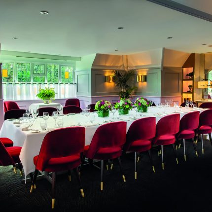 Conference style table setup for corporate lunches in the Chapter One private room Kent.