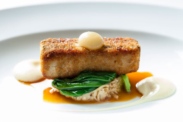 A beautifully plated gourmet fine dining course served at Chapter One restaurant in Kent.