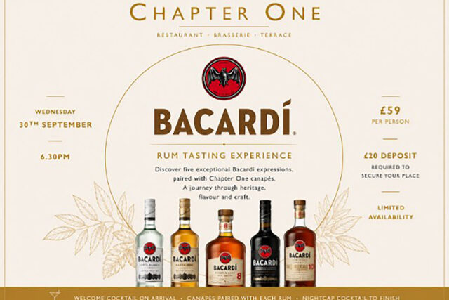 Bacardi Rum Tasting Experience event at Chapter One Restaurant, featuring five Bacardi rum bottles.